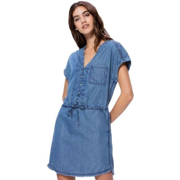 Paige Haidee Chambray Denim Jean Dress Vargas Blue V-Neck Frayed Hemline - Picture 1 of 14